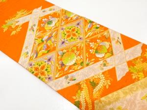 斜め格子に華紋・桐・菊模様織り出し 袋帯